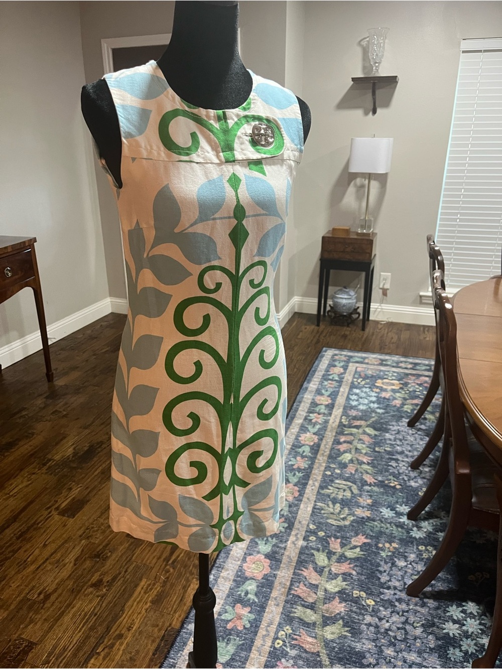 Tory Burch Cream Shift Dress with Green Scroll & Light Blue Leaf Print - Picture 2 of 4